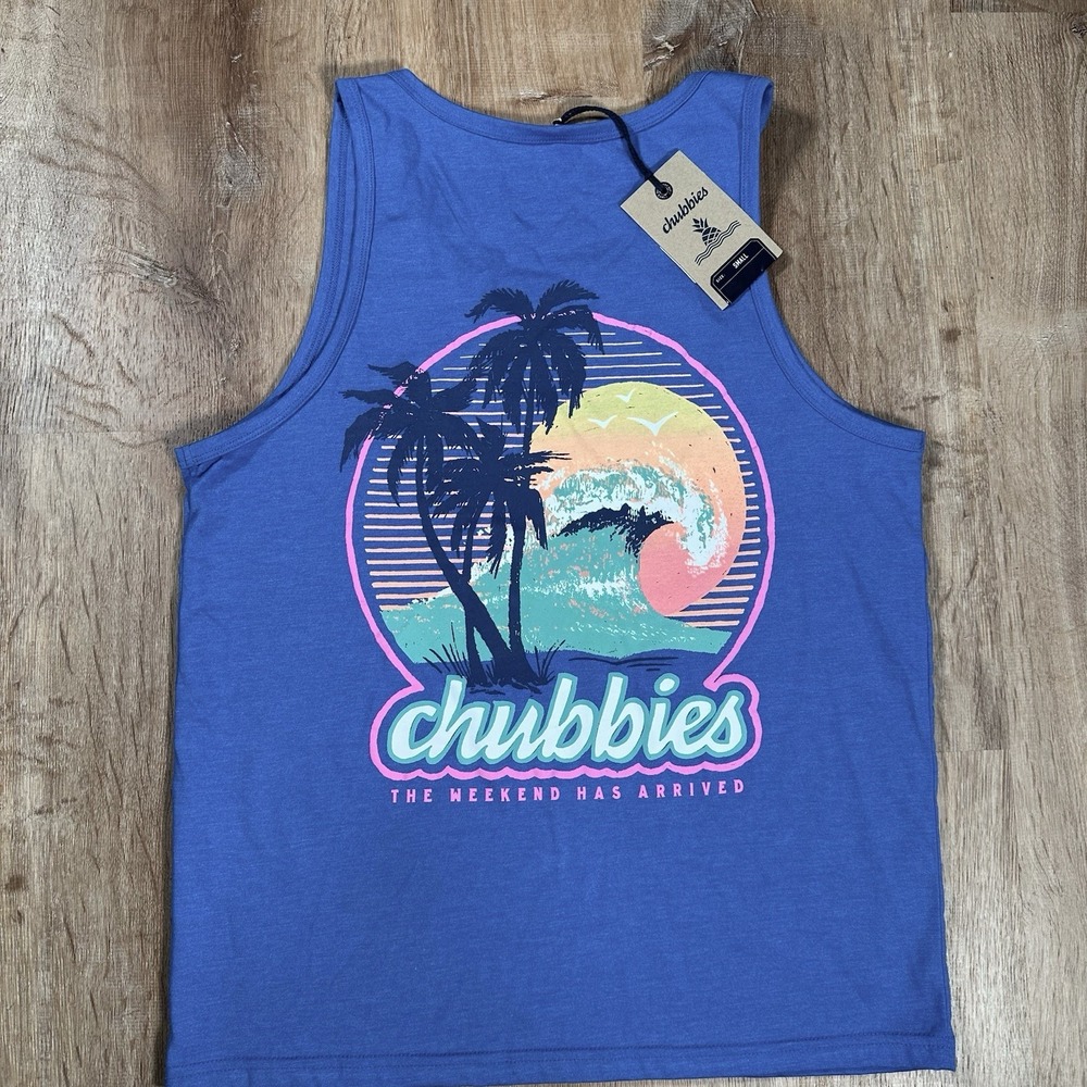 NEW Chubbies Tank Top Mens Small The Giant Wave Blue Palm Trees Beach